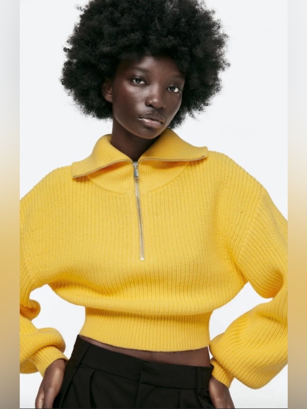Zara Size Small Yellow Ballon Sleeve Half Zip Knit Sweater